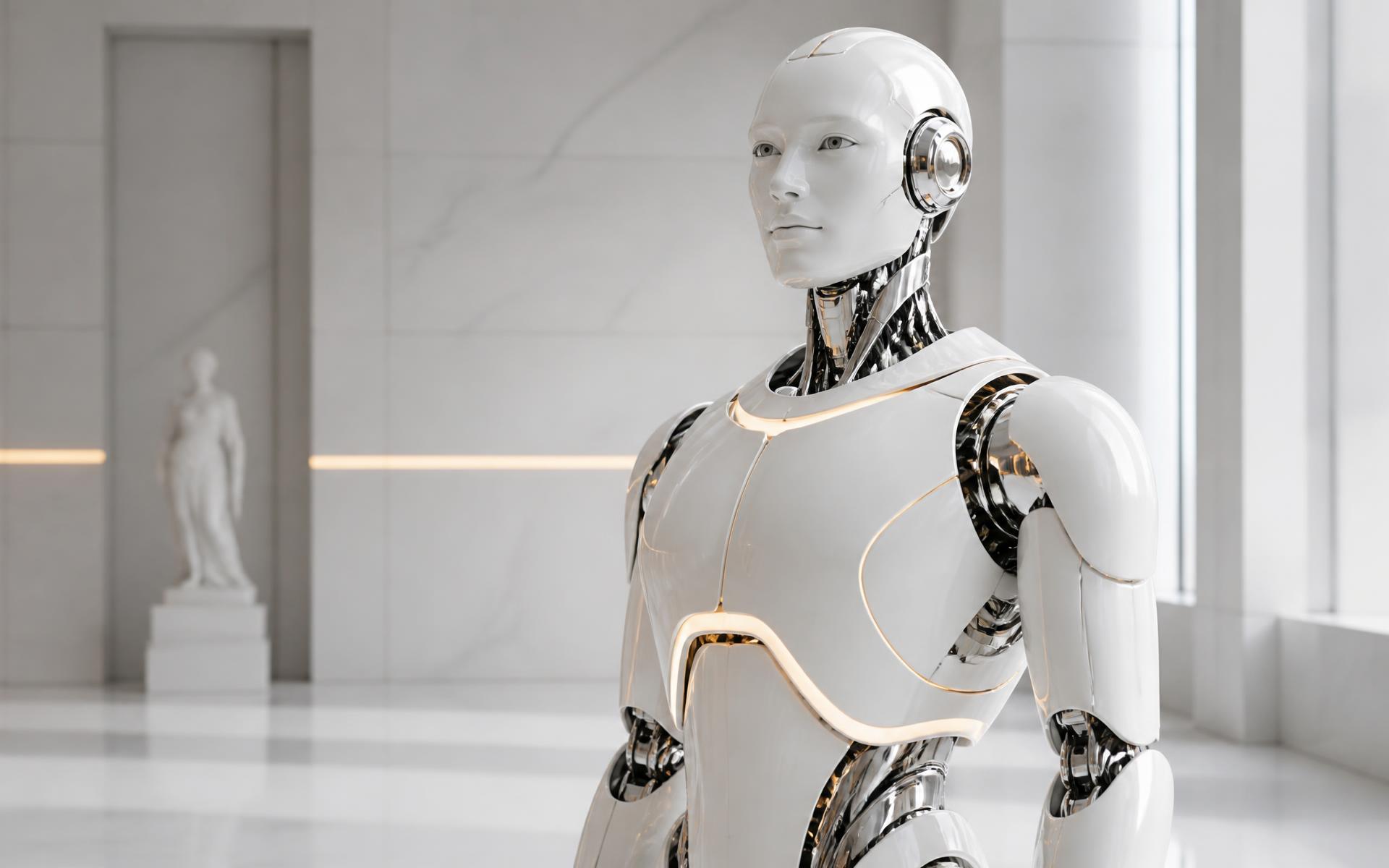 White and chrome humanoid AI robot in a bright modern gallery