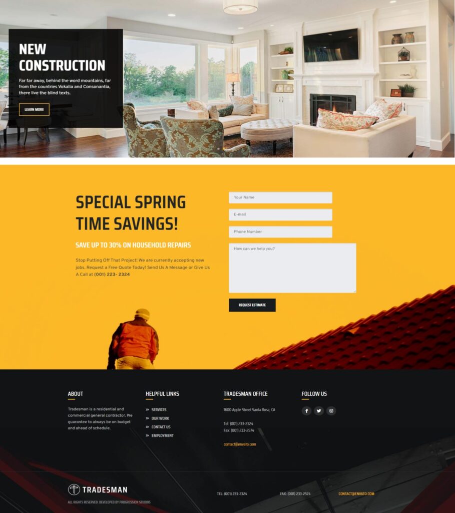home page layout tradesman theme for contractor business