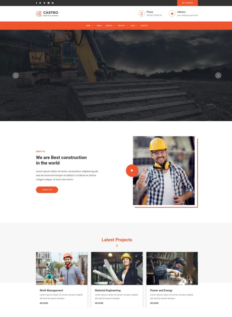 castro word press theme for contractor business landing page