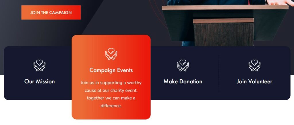 a section in politian wordpress theme for donations and volunteer recruitment