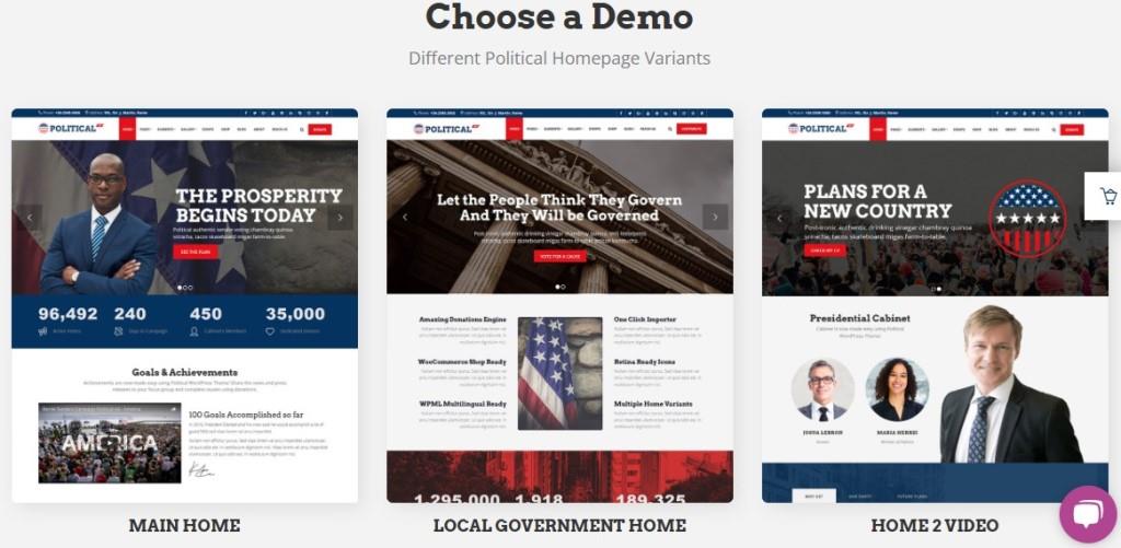 different political homepage variants in politicalwp Political campaign website templates