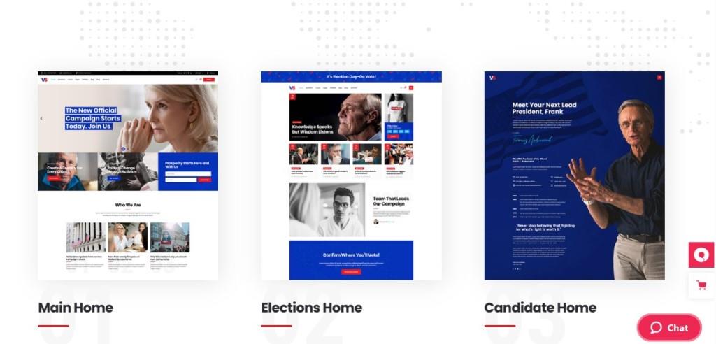 different themes & pages in votestart Political campaign website templates