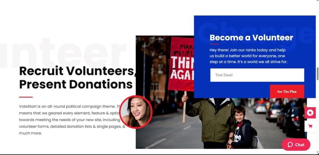 votestart wordpress theme includes volunteer recruitment, detailed donation lists