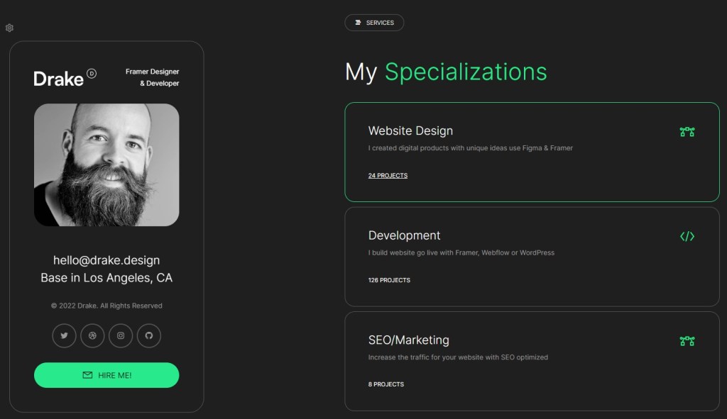 Drake Personal Portfolio website template services page