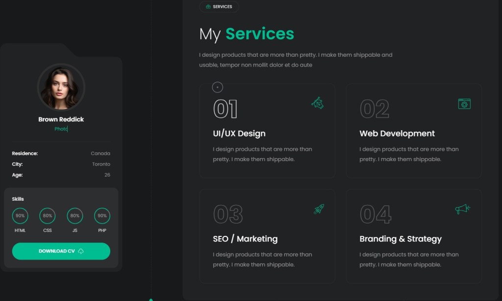 Minfo Best Personal Website Template for Software Engineer dark mode services page